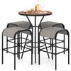 Outdoor round bar table set featuring a wood-grained tabletop and four breathable fabric bar stools, ideal for patio.