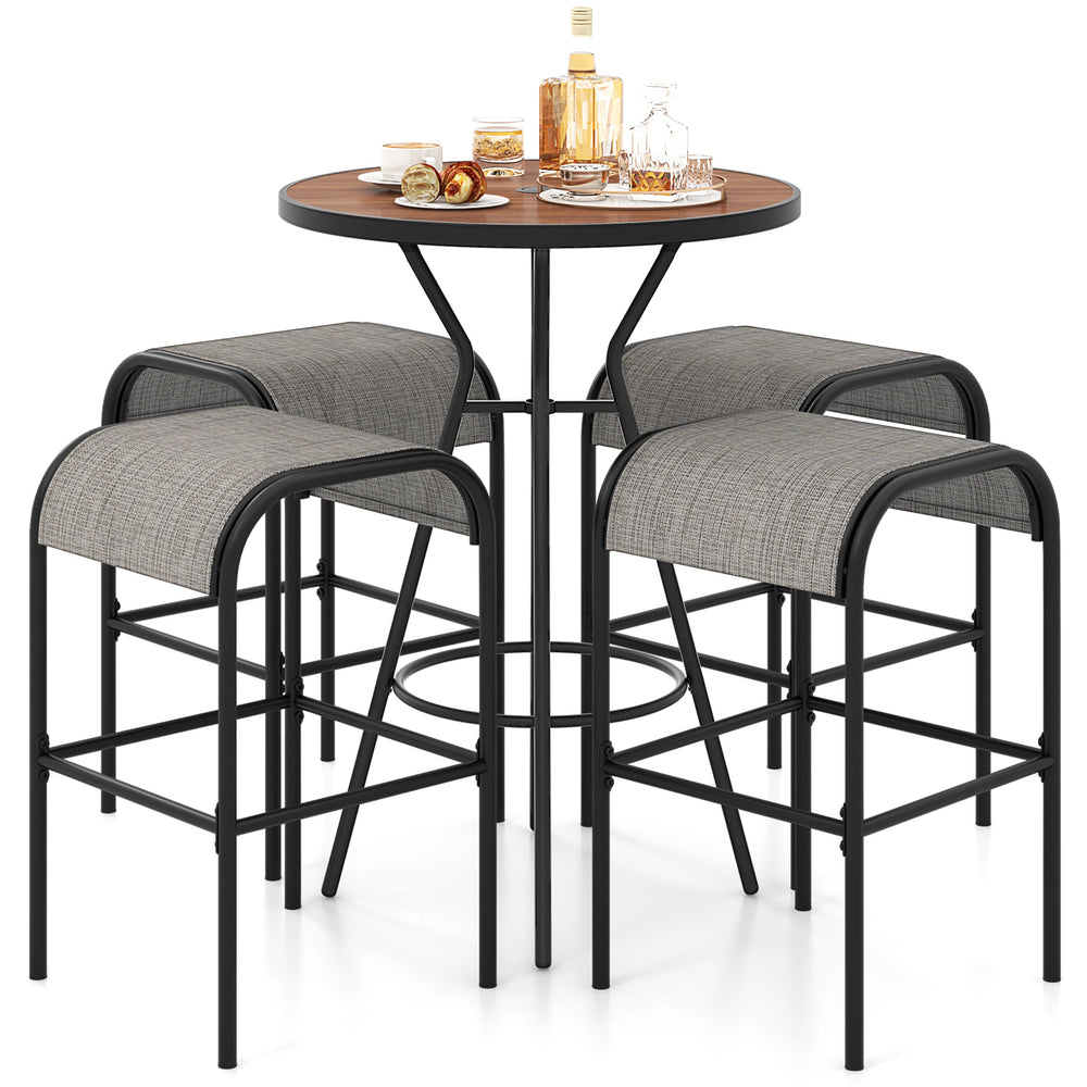 Outdoor round bar table set featuring a wood-grained tabletop and four breathable fabric bar stools, ideal for patio.