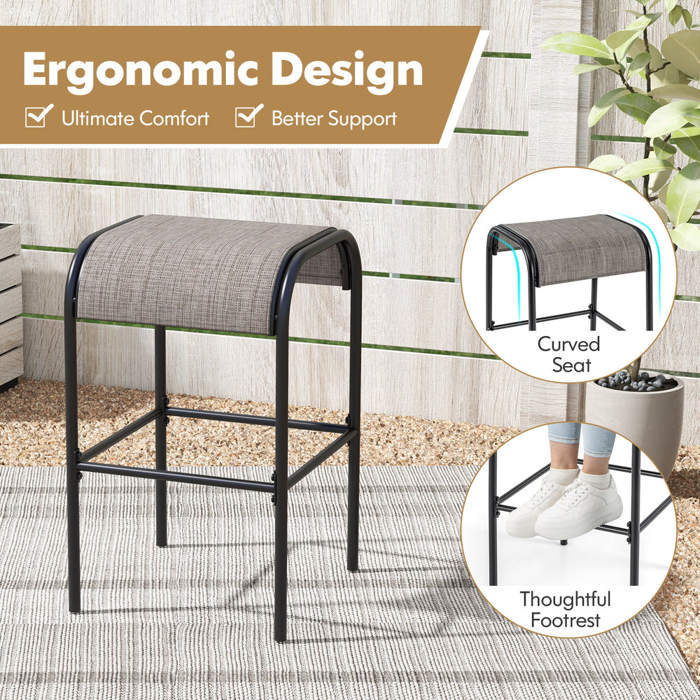 Bar height table set with wood-grained DPC tabletop and breathable fabric seats, ideal for outdoor patio use.