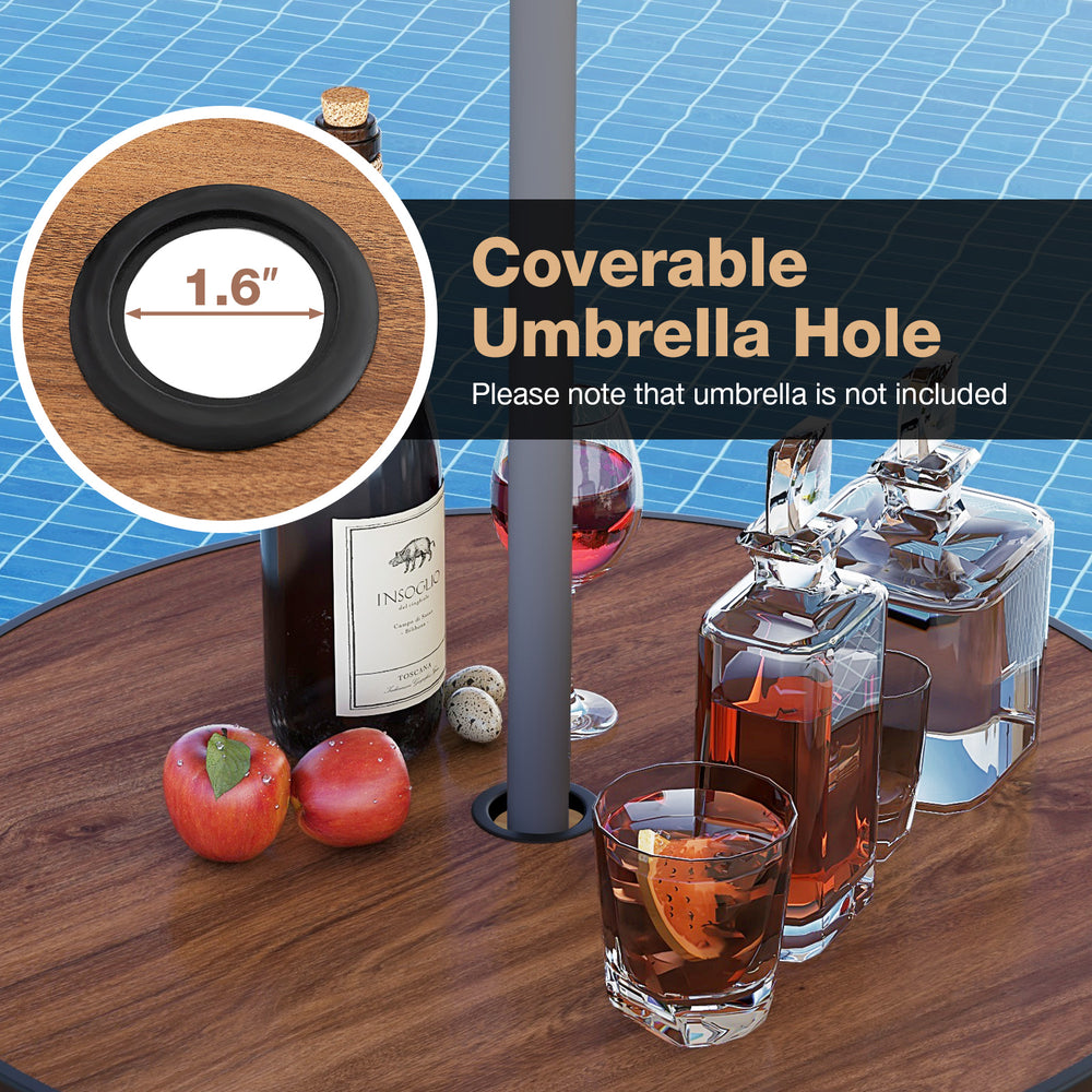 Coverable 1.6" umbrella hole on the wood-grained tabletop of the outdoor bar table set for patio use.