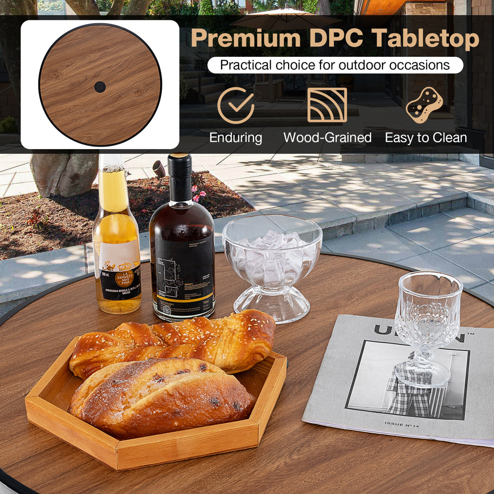 Wood-grained DPC tabletop of the outdoor bar table set, featuring drinks and snacks, ideal for patio gatherings.