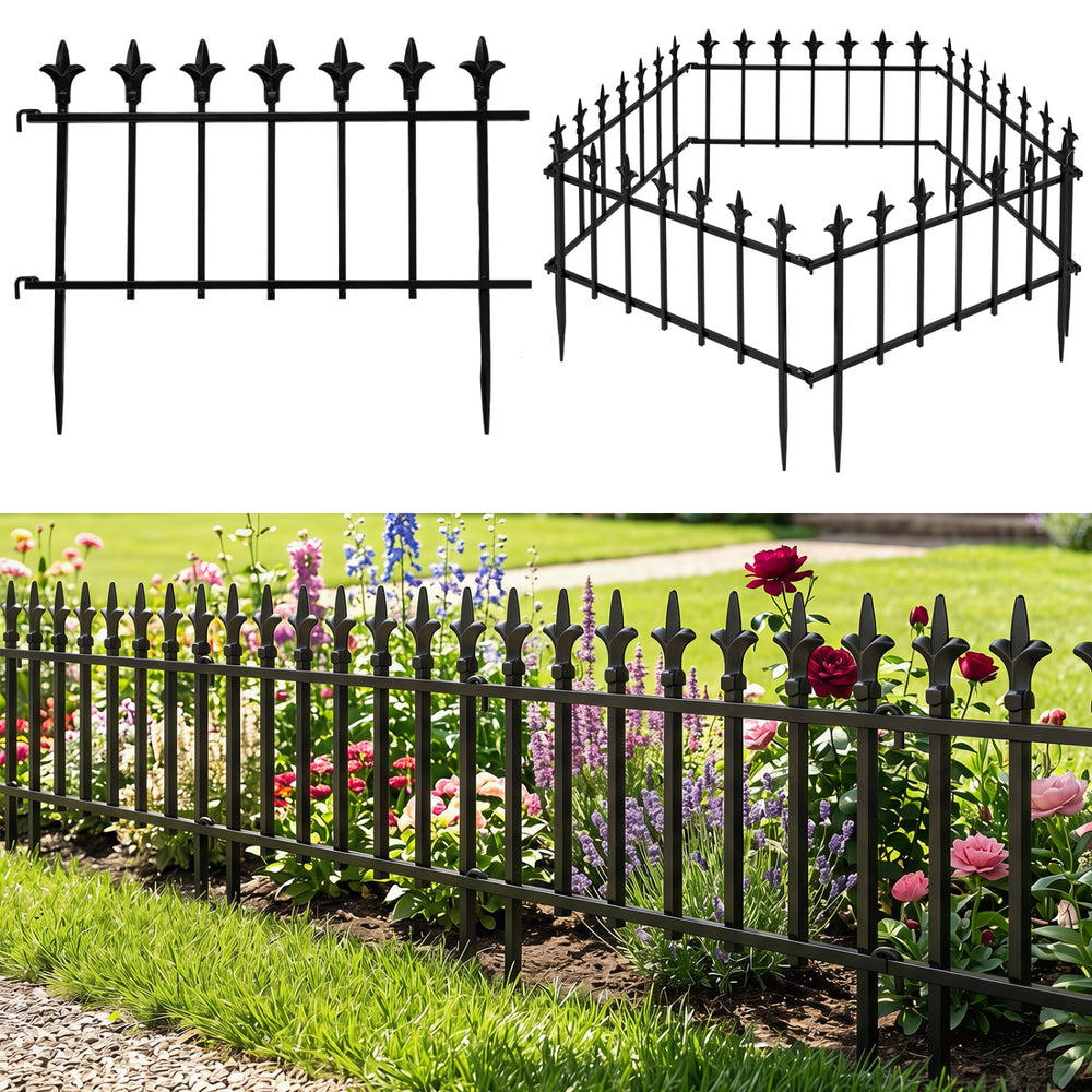 Decorative metal garden fence with fleur-de-lis finials, ideal for flower beds and no-dig installation.