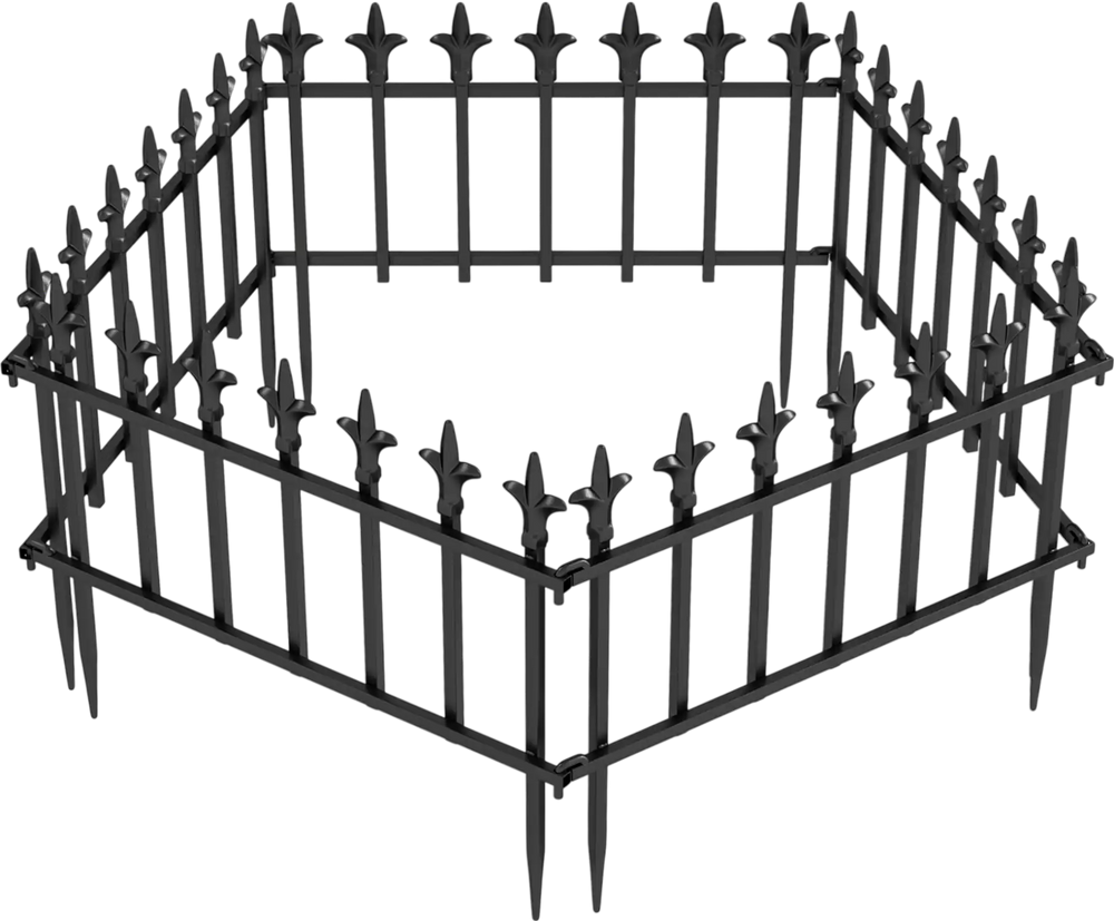 Decorative metal garden fence with fleur-de-lis finials, 5-pack, for no-dig installation in various configurations.
