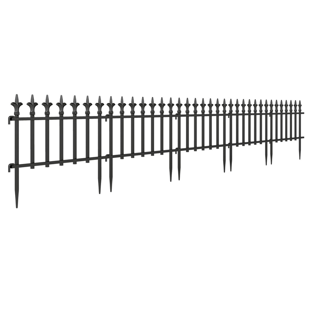 Decorative metal garden fence with fleur-de-lis finials, 9 ft long, ideal for protecting plants in outdoor spaces.