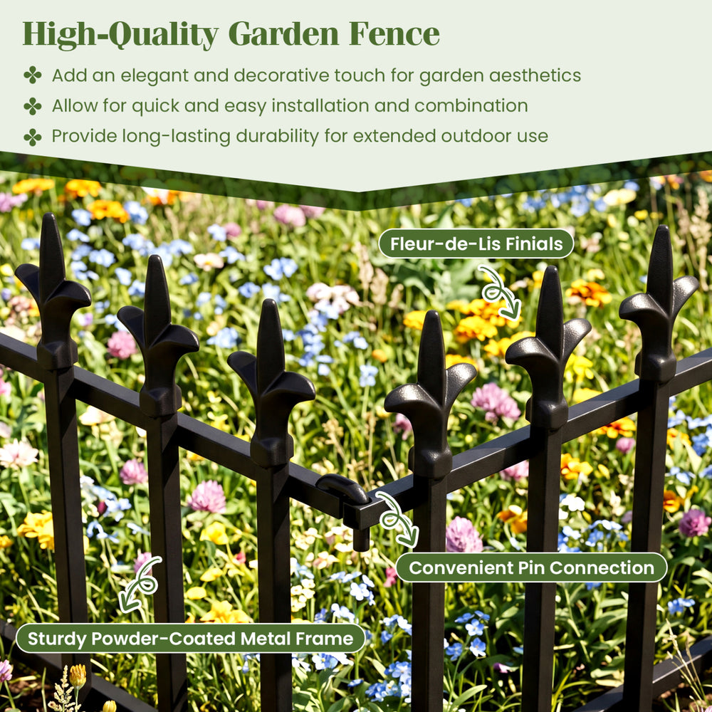 Decorative metal garden fence with fleur-de-lis finials, sturdy powder-coated frame, ideal for lawn and flower bed.