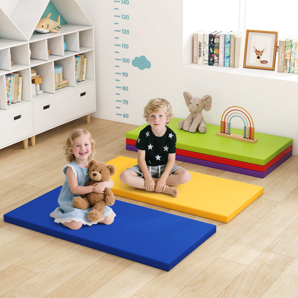 Colorful 5 pack toddler nap mats in blue, yellow, and green, featuring soft cushioning for school or home use.
