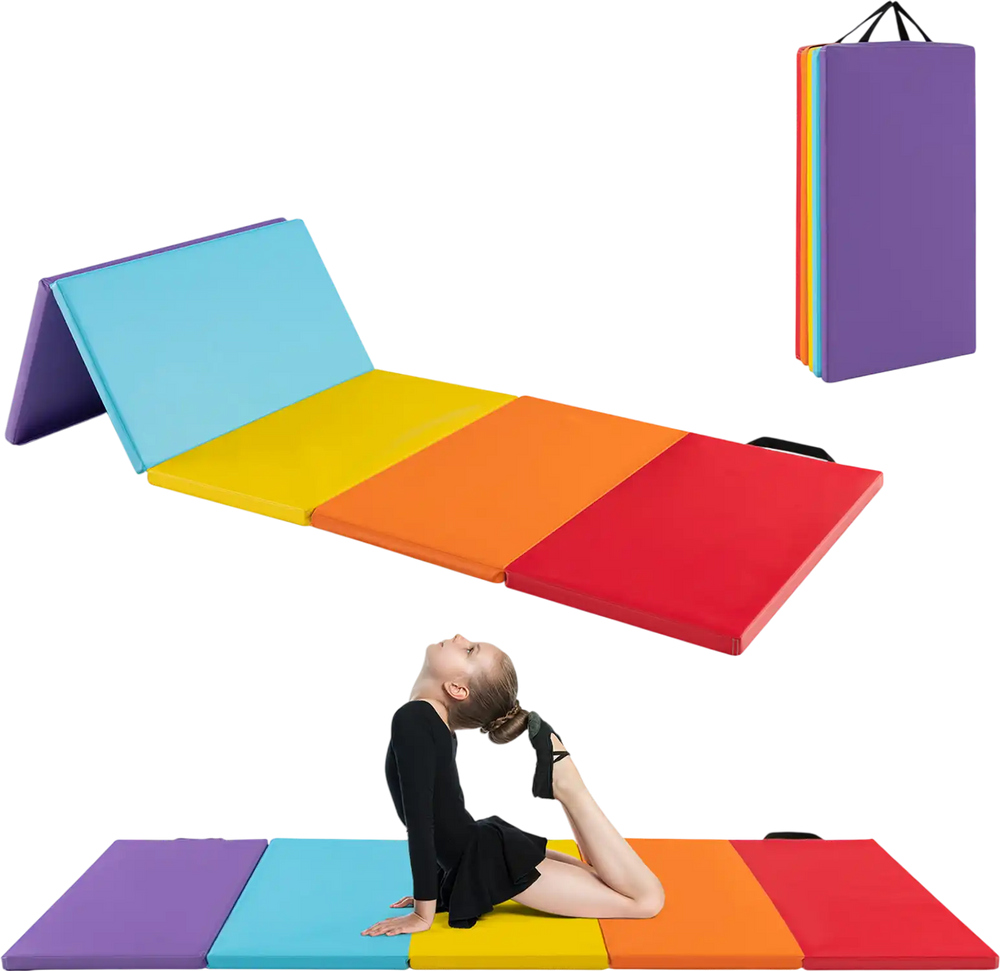 5-panel folding gymnastics mat in vibrant colors, featuring soft EPE foam and waterproof PU leather for kids and adults.