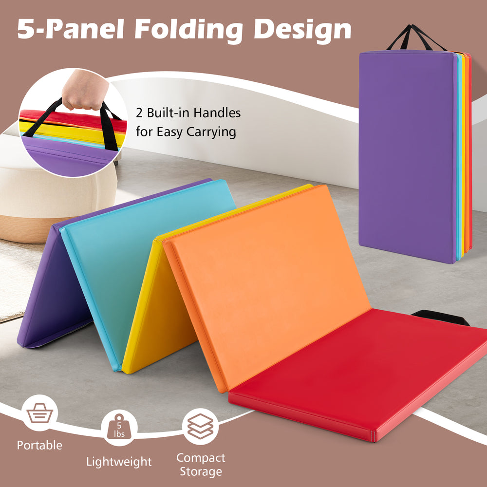 5-panel folding gymnastics mat in red with built-in handles, ideal for kids' yoga and stretching, offers easy storage.