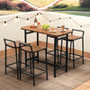 Bar height acacia wood table set with metal frame, featuring four chairs, ideal for outdoor dining on a patio.