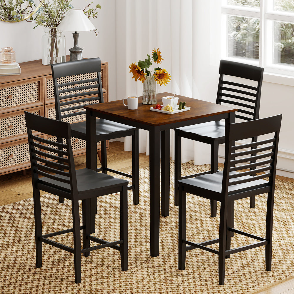 Counter-height dining table set with rubber wood frame and four chairs, ideal for small spaces and stylish dining.