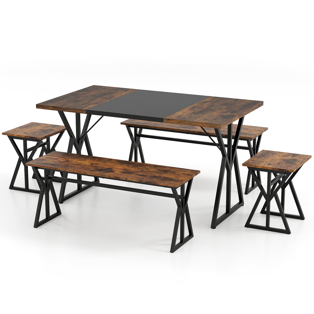 5-piece industrial dining room set featuring a rustic brown rectangular table with 2 benches and 2 stools for.