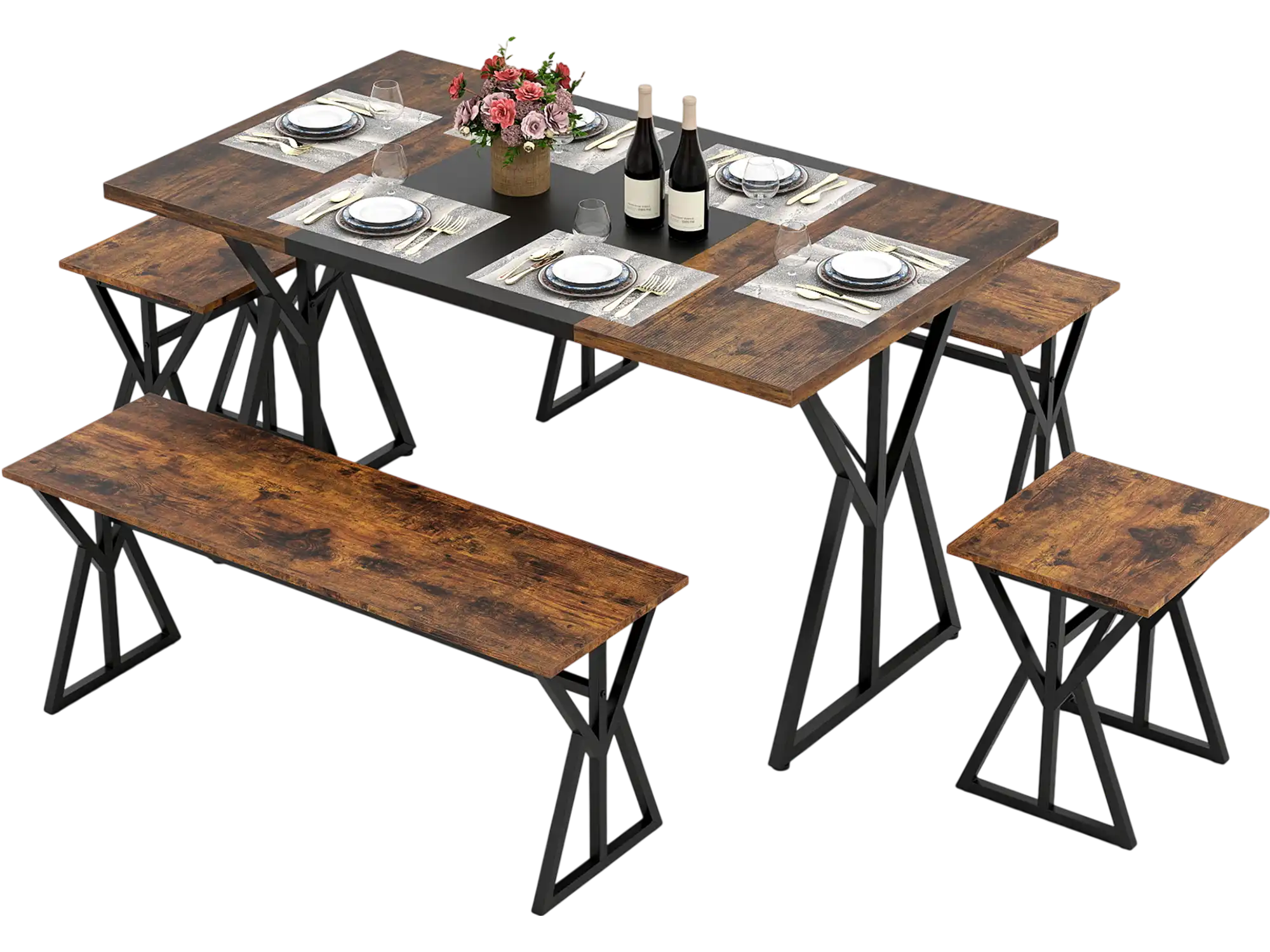 Costway 5-Piece Industrial Dining Room Set Kitchen Table w/ 2 Benches & 2 Stools 47026984 New