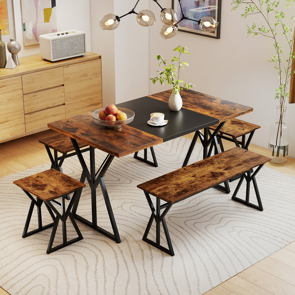 Rustic brown benches and stools from the 5-piece industrial dining room set, designed for optimal space-saving and.