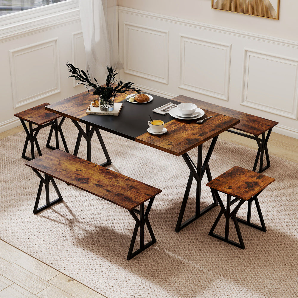 5-piece industrial dining room set with rustic brown table, 2 benches, and 2 stools, perfect for small spaces.