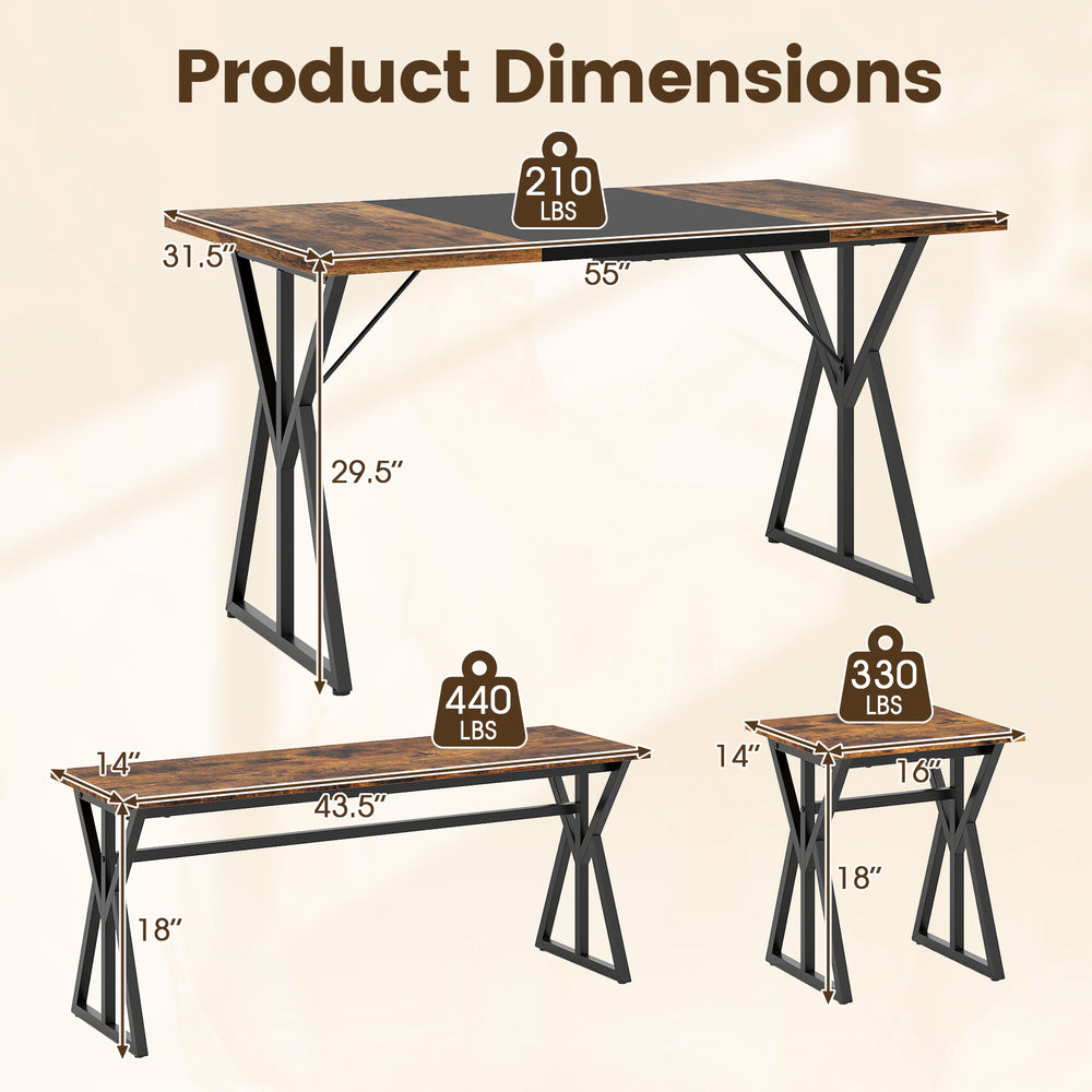Product dimensions of the 5-piece dining room set with a rustic brown table, benches, and stools for space-saving.