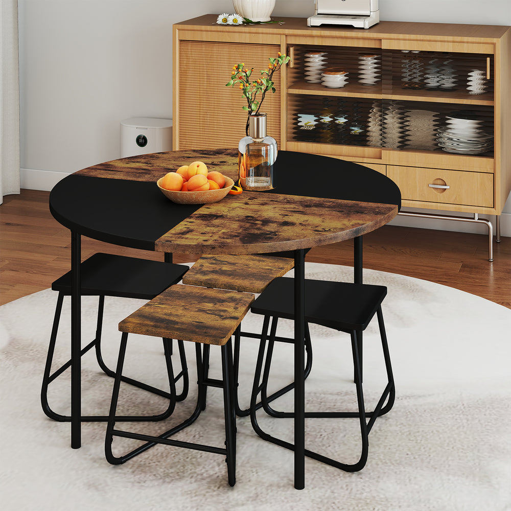 Round 47-inch dining table with unique segmented brown tabletop and 4 coordinating stools, perfect for small spaces.