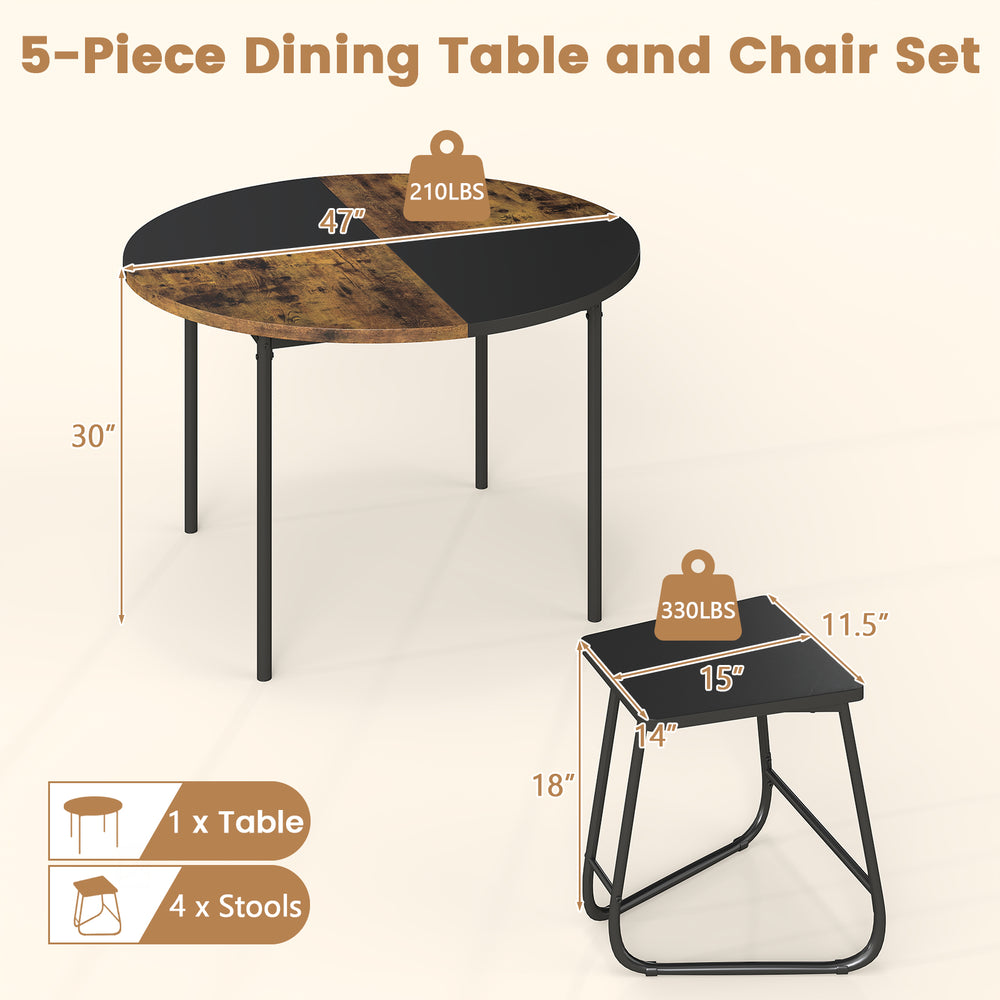 5-piece dining set featuring a 47-inch round table with 4 contrasting stools, perfect for small spaces and stylish.