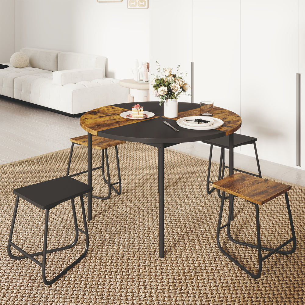 Round 47-inch dining table with 4 stools in brown and black, perfect for small spaces and stylish coordination.