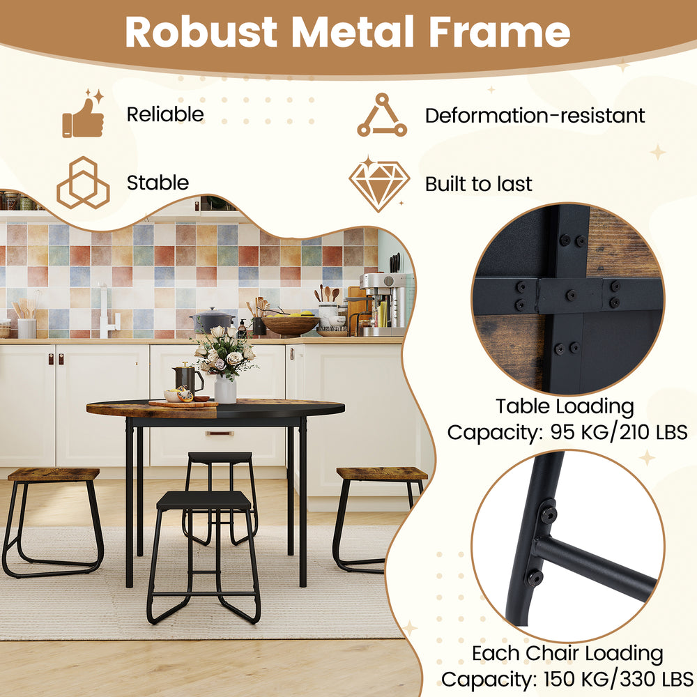 5-piece dining set featuring a 47-inch round table with 4 stools, sturdy metal frames, and a stylish brown finish.