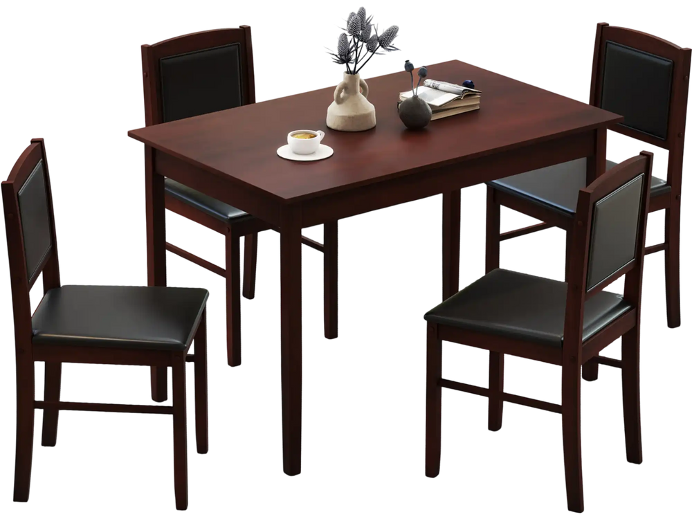 5-piece dining set featuring a brown veneered MDF table and 4 padded chairs with rubber wood legs, ideal for small.
