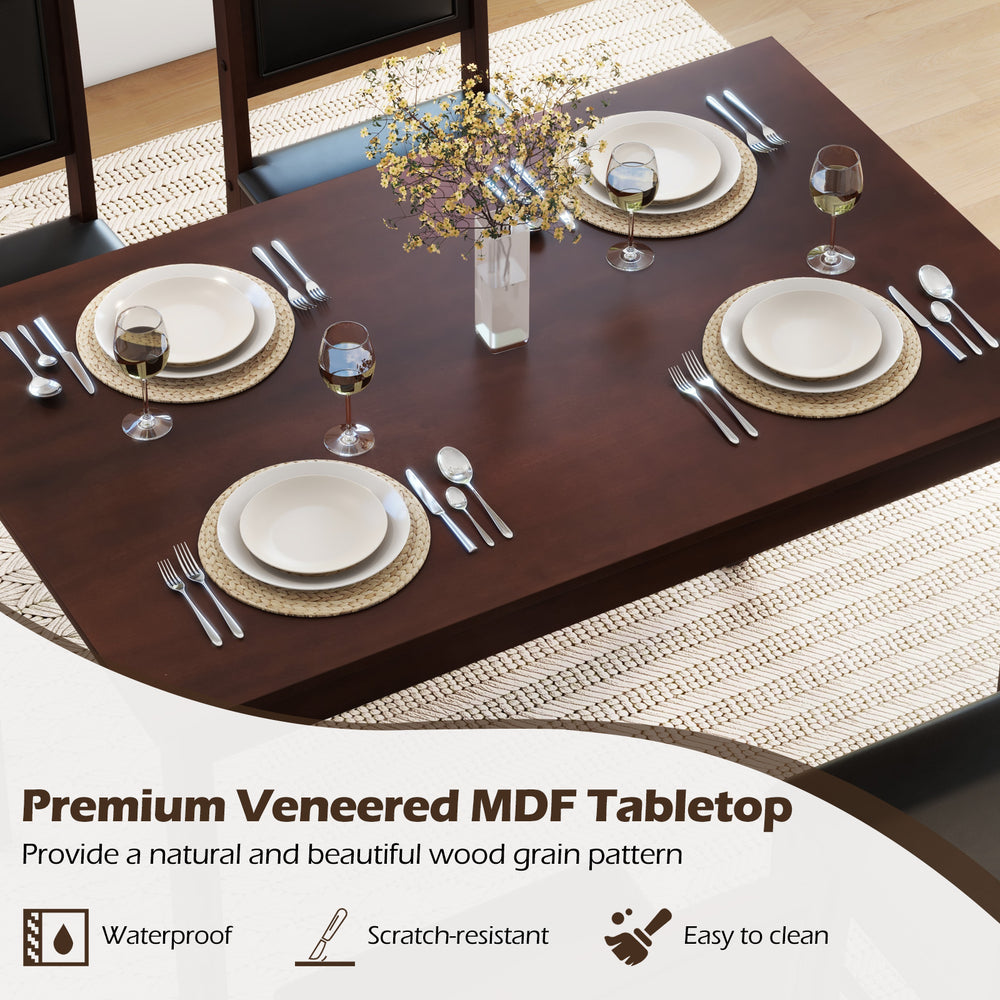 5-piece dining set featuring a waterproof veneered MDF tabletop and rubber wood legs, perfect for small dining rooms.