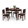5-piece dining set featuring a brown veneered MDF table and four padded chairs with rubber wood legs, ideal for small.