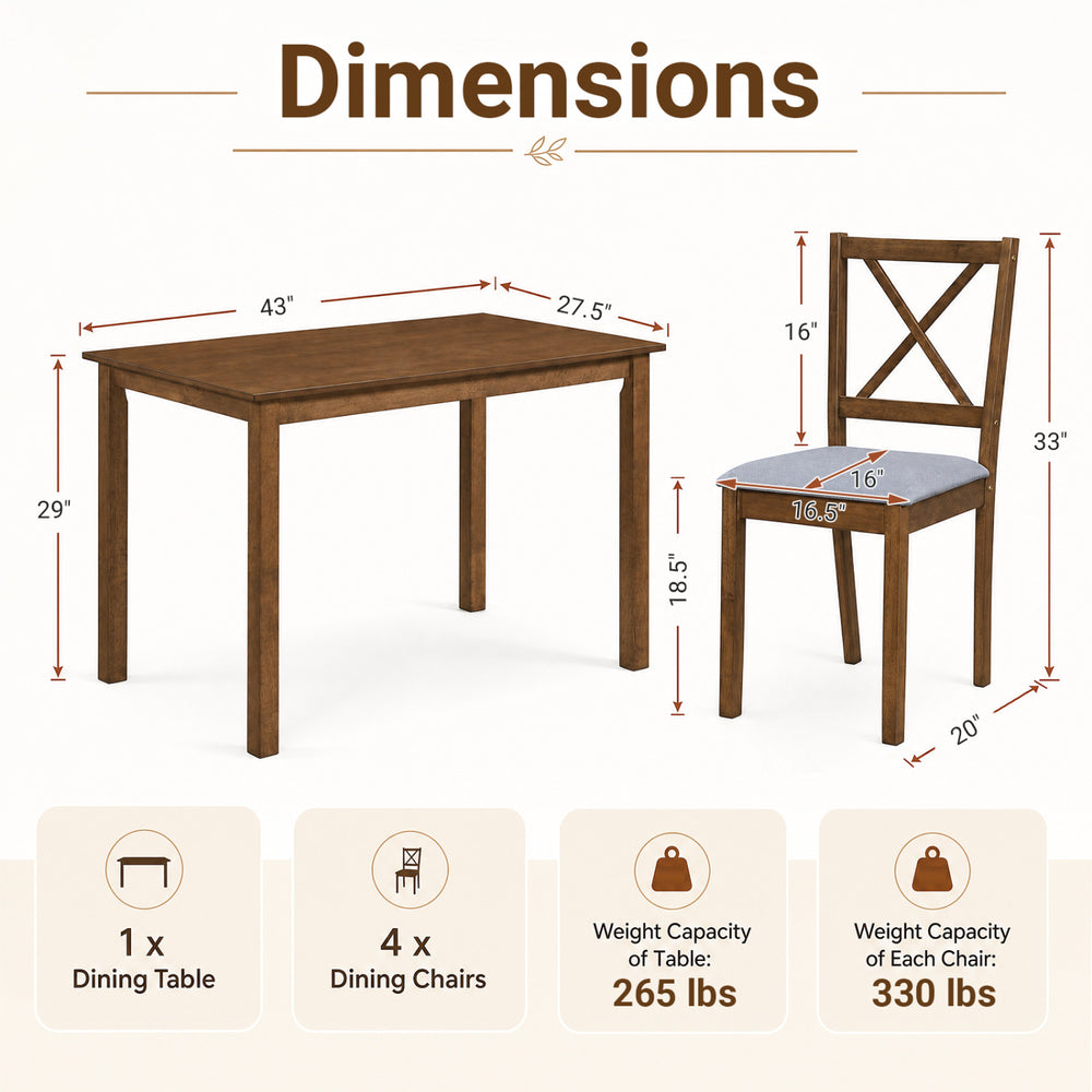 Rectangular dining table with four fabric chairs in gray, designed for small spaces, supporting up to 265 lbs.