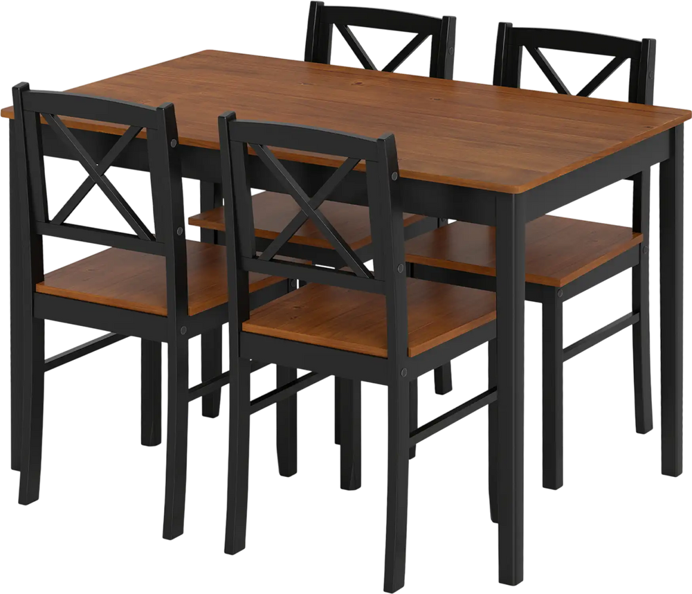Rectangular dining table set with four ergonomic chairs, featuring acacia wood veneer and sturdy rubber wood legs.