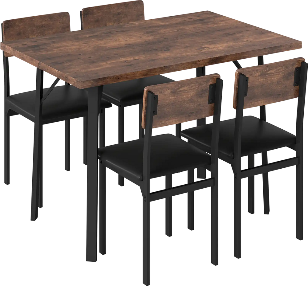 5-piece industrial dining table set with brown veneered MDF top and 4 PU leather chairs, ideal for small spaces.
