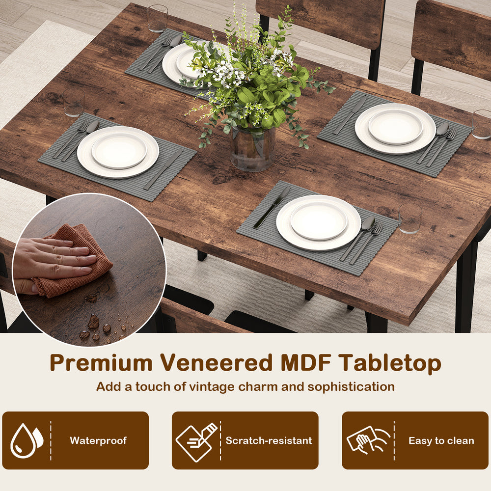 5-piece dining table set featuring a waterproof veneered MDF tabletop and 4 PU leather chairs for stylish gatherings.
