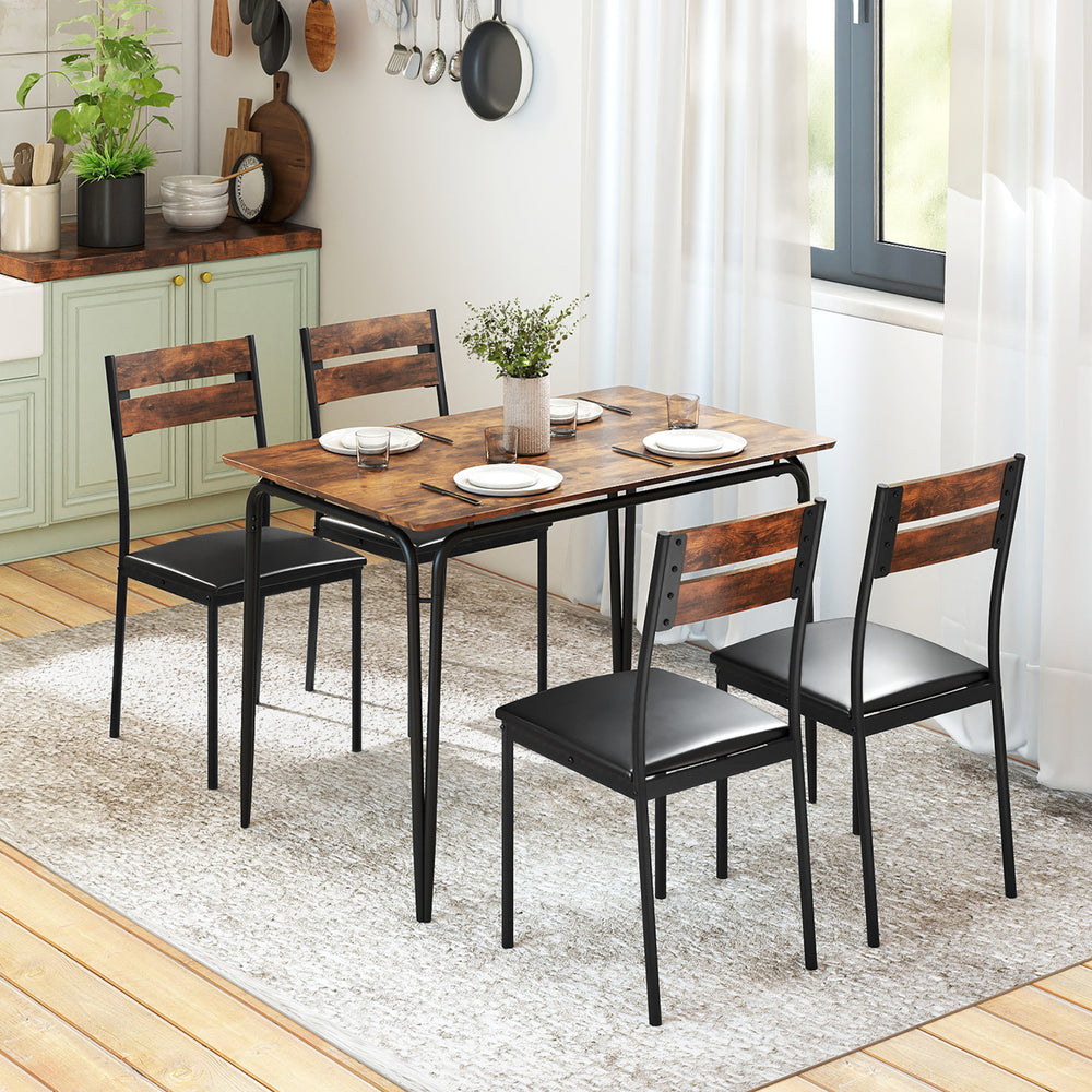 5-piece industrial dining table set with rustic brown tabletop and 4 armless chairs, perfect for kitchen or living room.