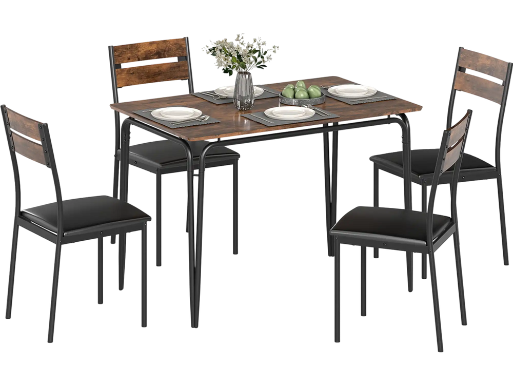 5-piece dining table set featuring a rustic brown rectangular table and 4 armless chairs, perfect for kitchen or living.