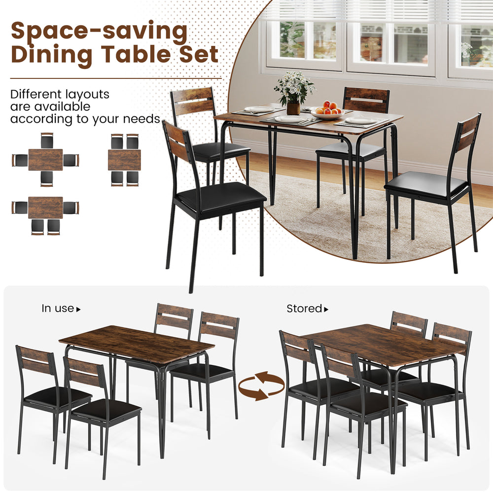 5-piece industrial dining table set with rustic brown finish, featuring a spacious tabletop and four armless chairs for.