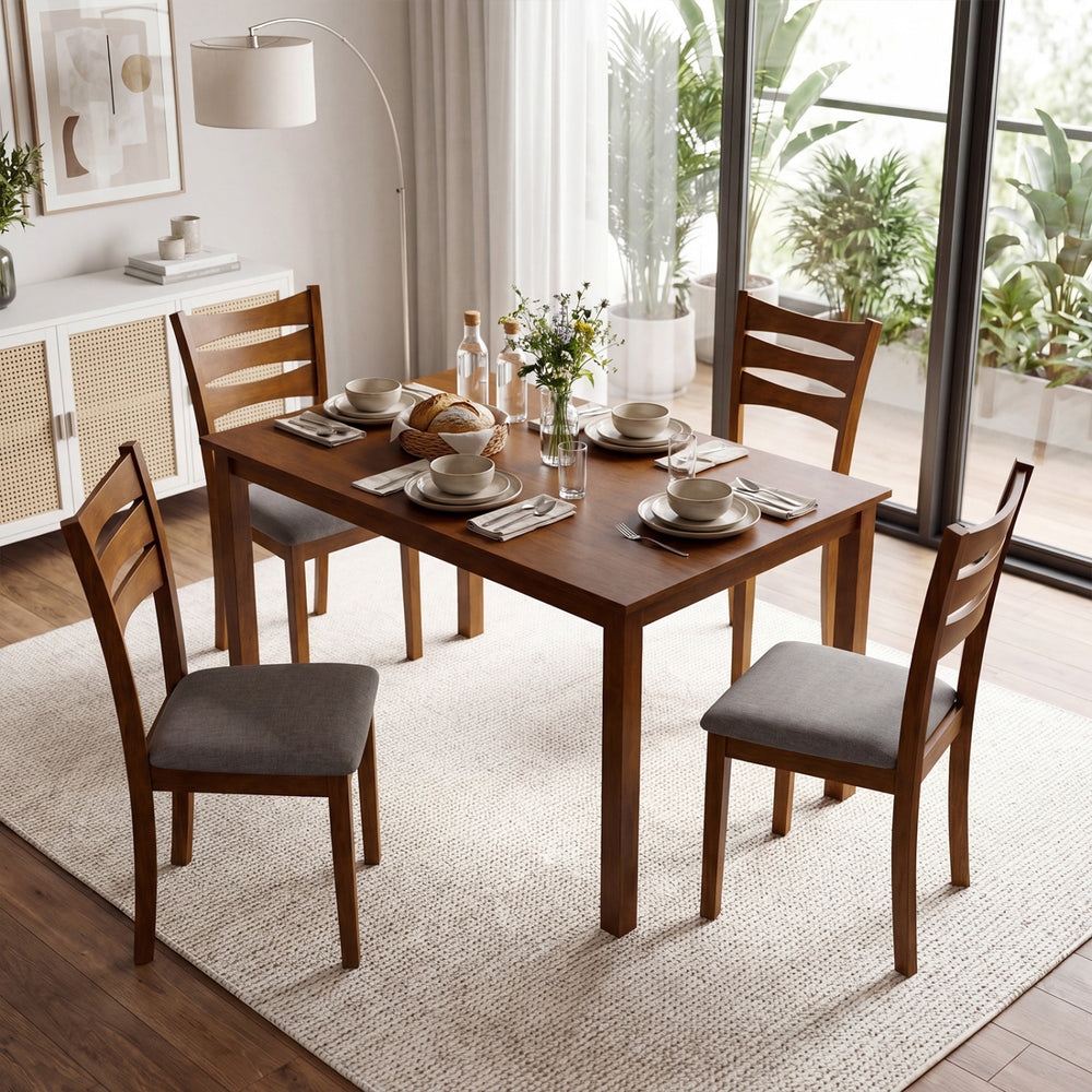 5-Piece Dining Table Set with Linen Fabric Upholstered Chairs and Solid Rubber Wood Frame for 4 People - Gallery View 2 of 10