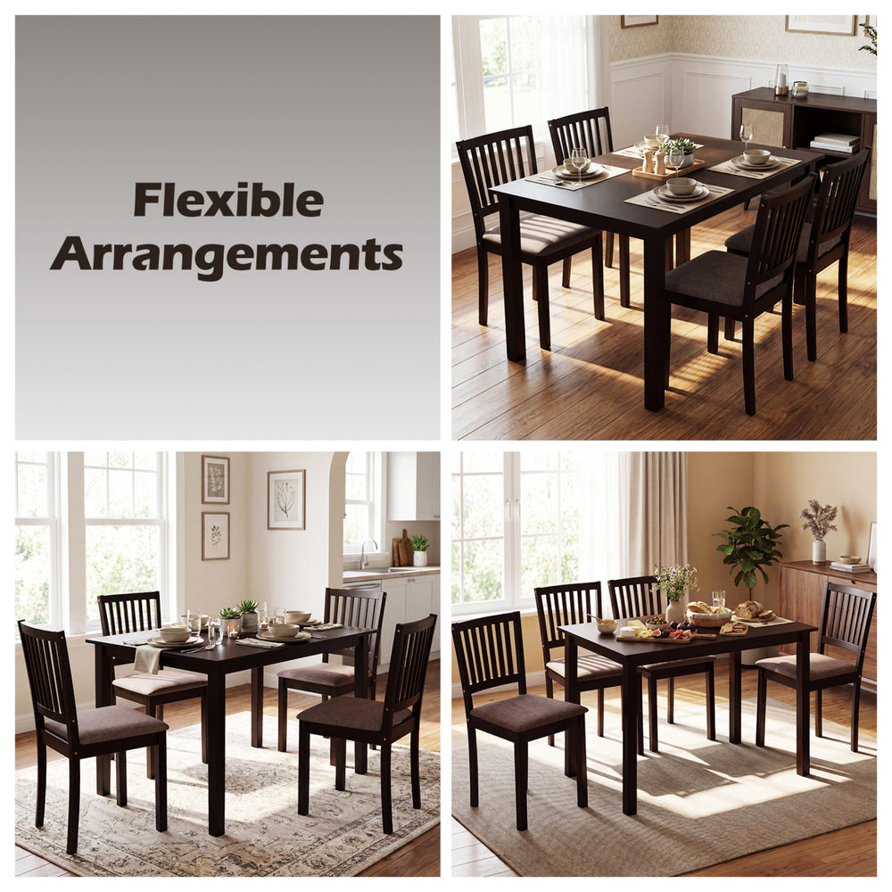 5-piece dark brown dining table set with 4 upholstered chairs, showcasing flexible arrangements for kitchen use.