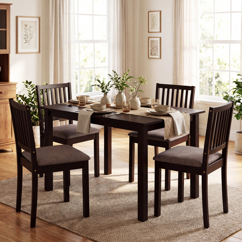 5-piece dark brown dining table set featuring a rectangular table and 4 upholstered chairs, ideal for kitchen dining.