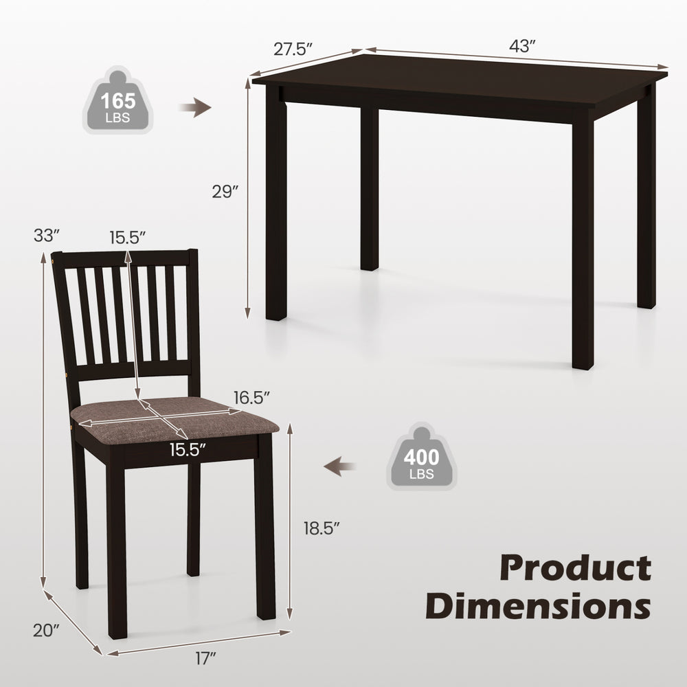 Dimensions of the 5-piece dark brown dining table set with a rectangular table and four upholstered chairs.