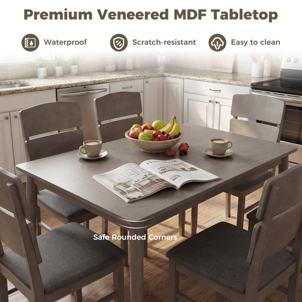 5-piece gray dining table set featuring a waterproof MDF tabletop and high curved backs for comfortable seating.