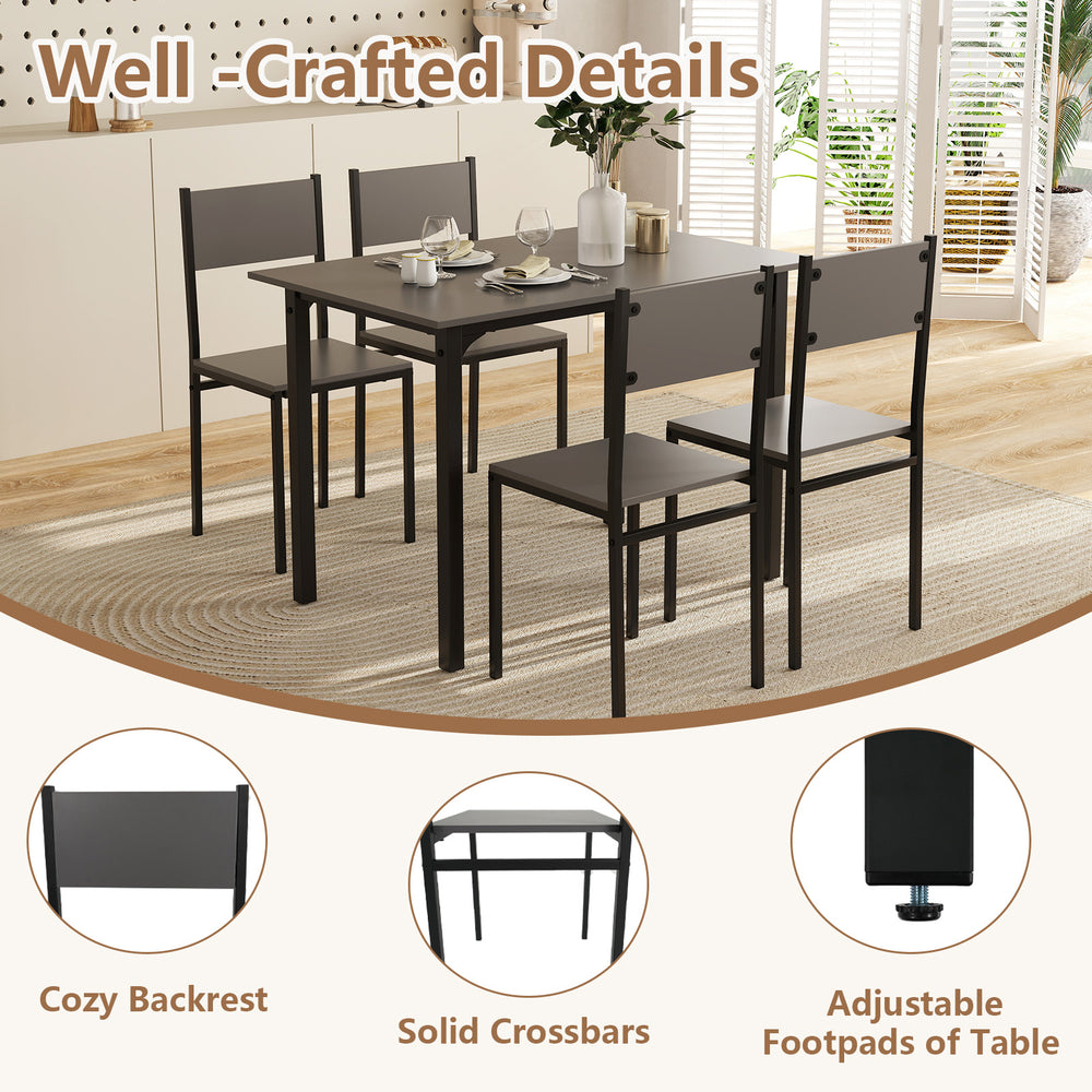 5-piece industrial style dining table set in grey, featuring a spacious table and ergonomic chairs for versatile use.