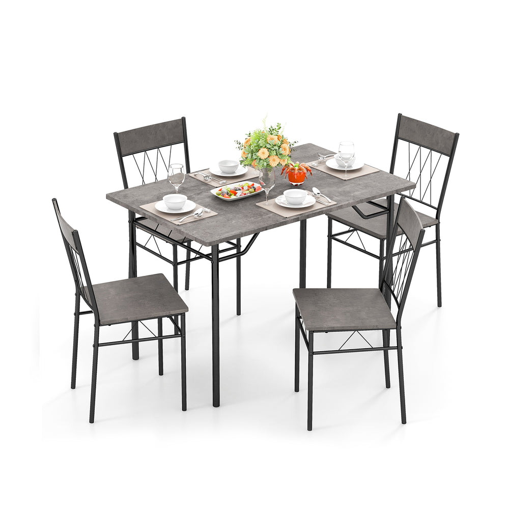 5-piece gray dining table set featuring a sturdy metal frame and four chairs, perfect for family gatherings in small.