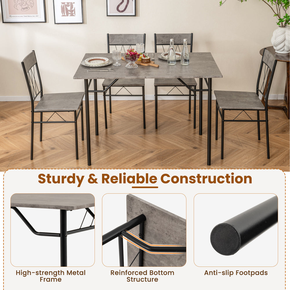 5-piece gray dining table set with metal frame and 4 chairs, perfect for family gatherings in small spaces.