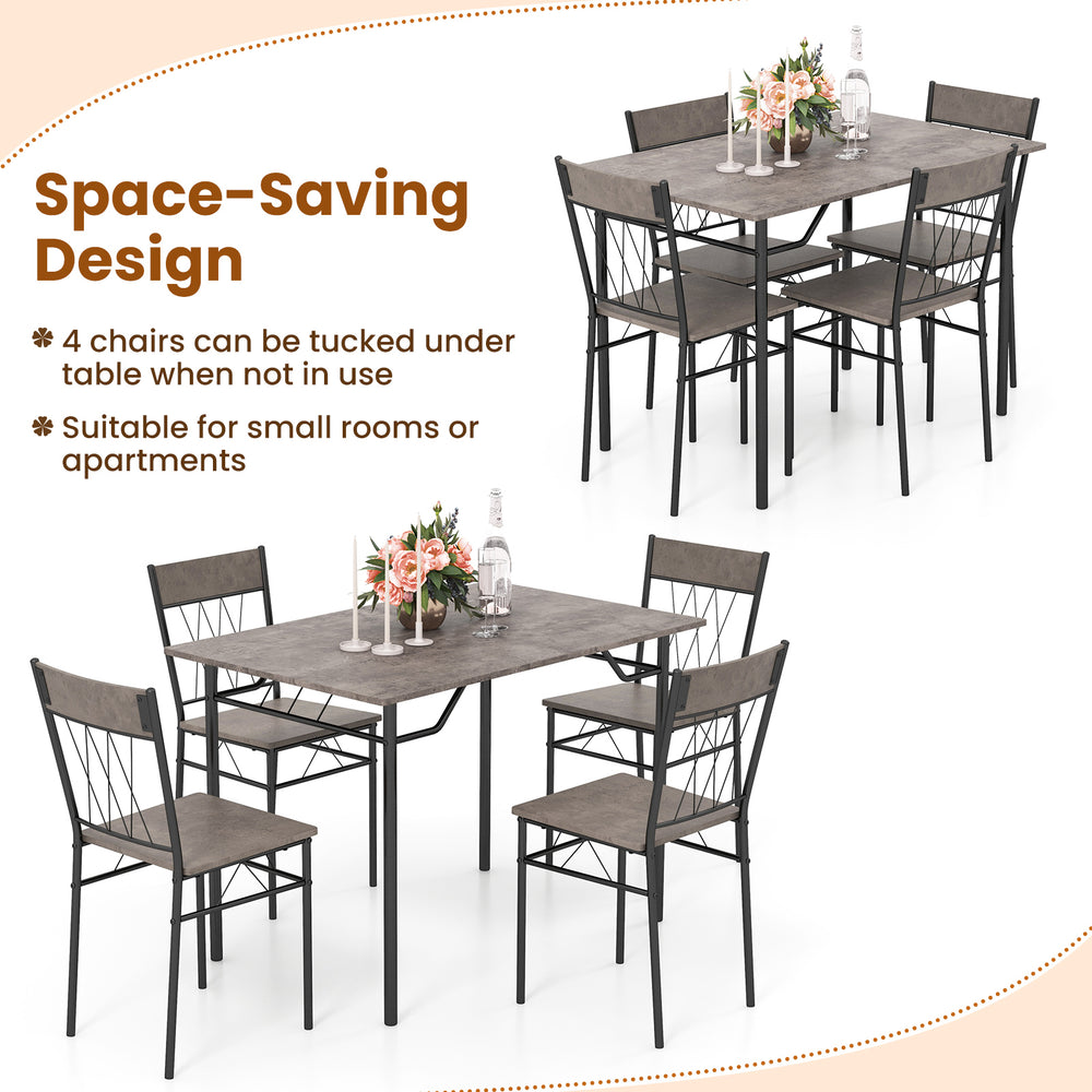 5-piece dining table set in gray with 4 chairs, featuring a space-saving design ideal for small rooms or apartments.