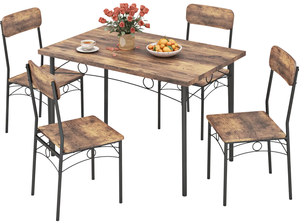 5-piece industrial dining table set with brown veneered MDF top and metal legs, ideal for small apartments and.