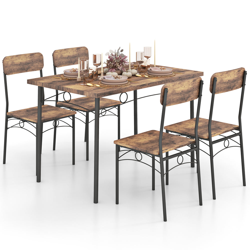 Curved back chair from the 5-piece industrial dining table set in brown, designed for comfort and small space.