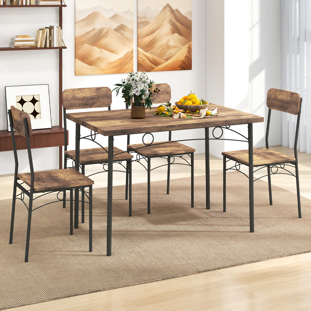 5-piece industrial dining table set with brown veneered MDF top and metal legs, perfect for small apartments.