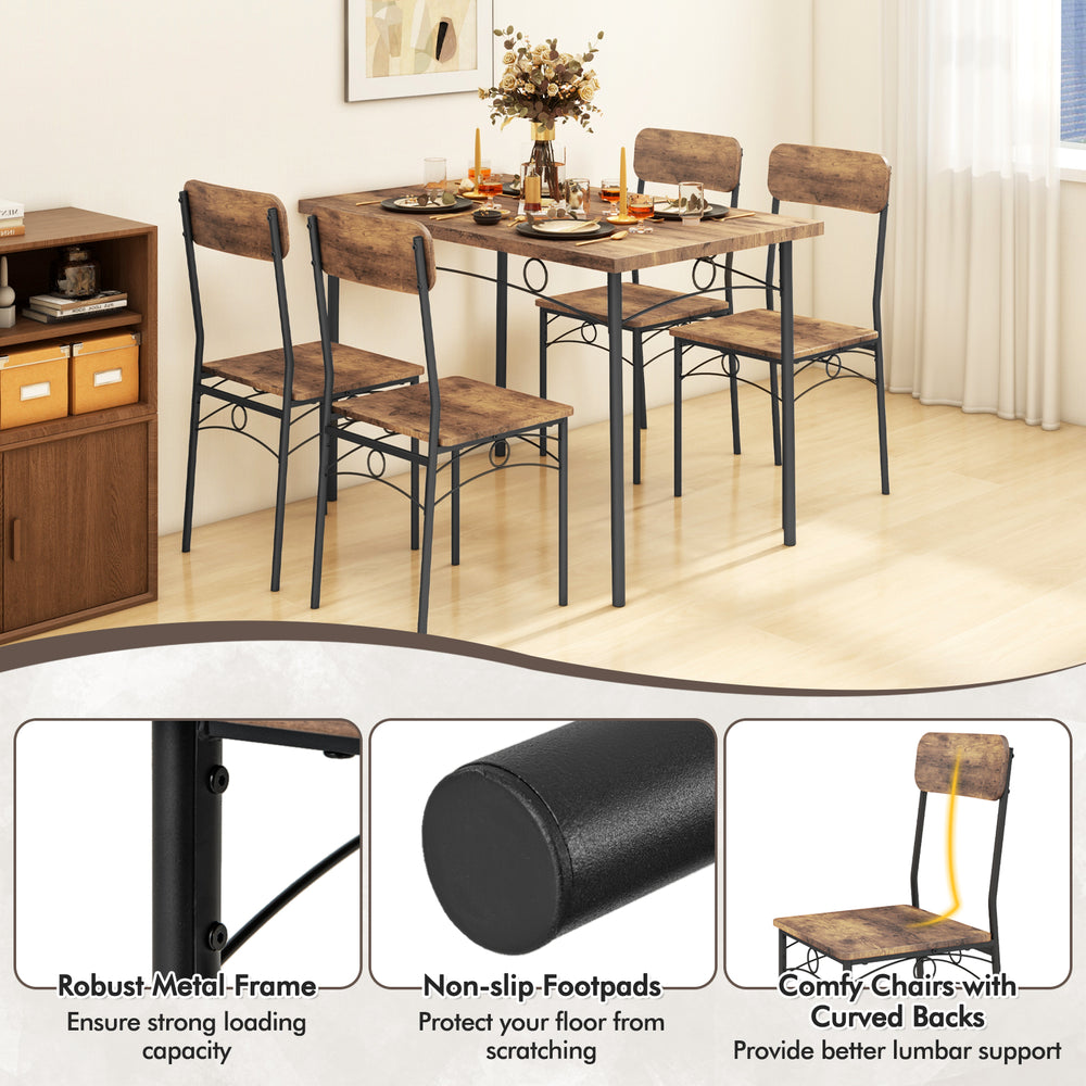 5-piece industrial dining table set with brown veneered MDF top and comfy chairs with curved backs, ideal for small.
