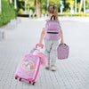 Kids' luggage set in hot pink featuring a suitcase, backpack, lunch bag, and neck pillow, perfect for travel.