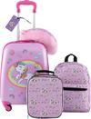 Kids 5-piece luggage set in hot pink featuring a suitcase, backpack, lunch bag, neck pillow, and name tag with unicorn.