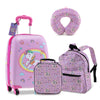 Colorful 5-piece kids luggage set featuring a unicorn design, including suitcase, backpack, neck pillow, and lunch bag.