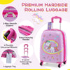 Kids' hot pink rolling suitcase with unicorn design, 4 universal wheels, and adjustable handle for easy travel.